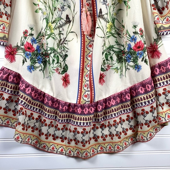 Umgee Border Bell Sleeve Dress -Natural Size Small Off Shoulder Shift Mini Dress - Picture 4 of 11